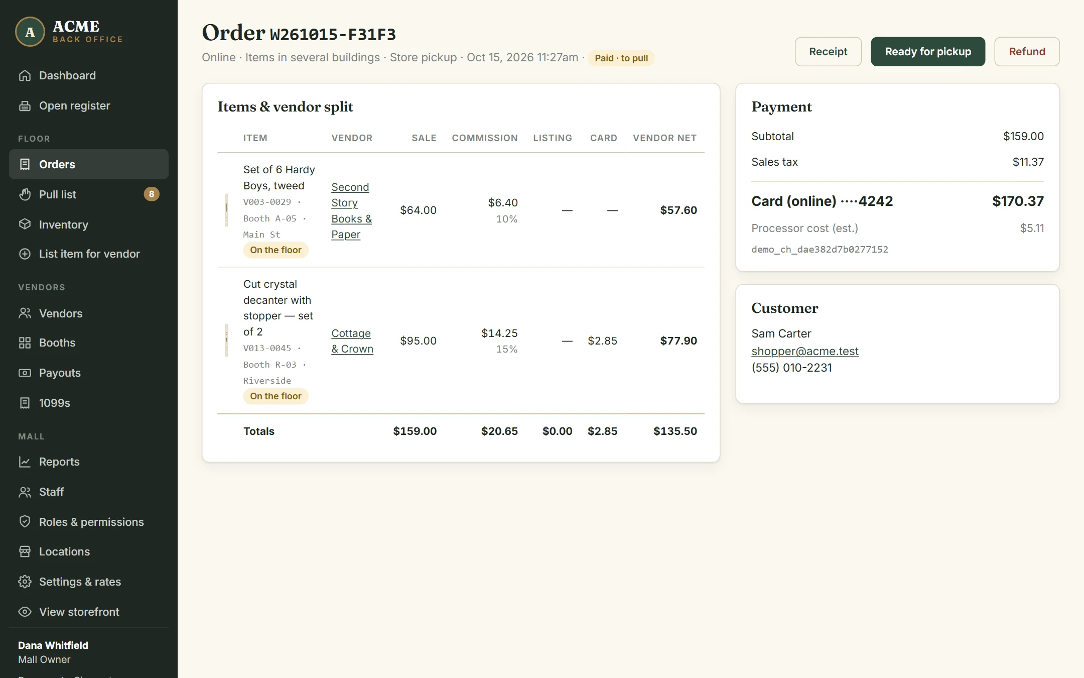 An order showing each item’s dealer, booth and split