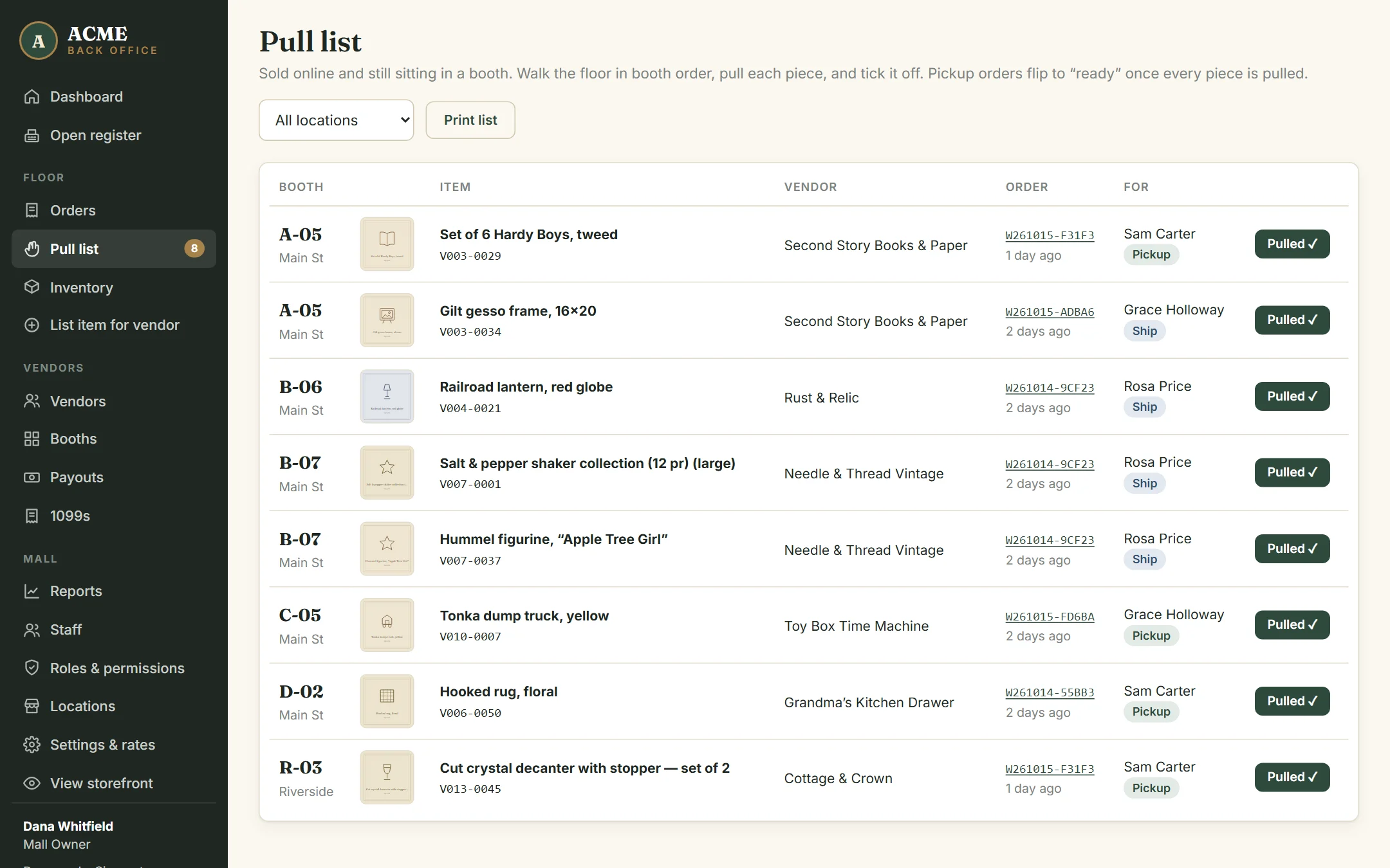 The pull list of online sales sorted by booth