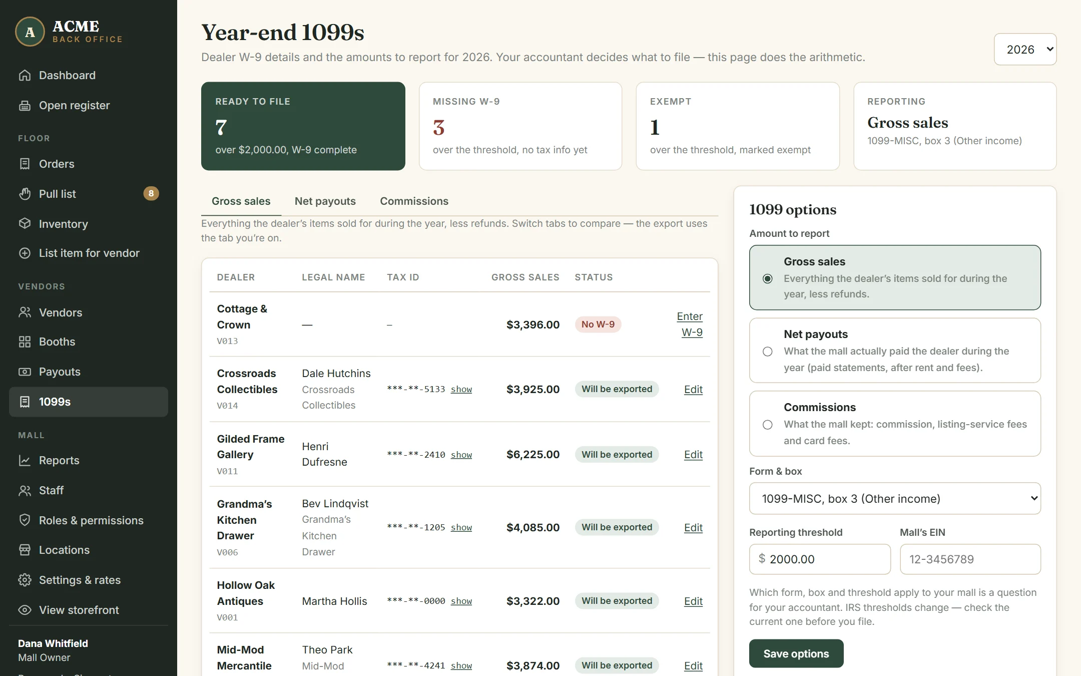 The 1099 page with each dealer’s total and W-9 status