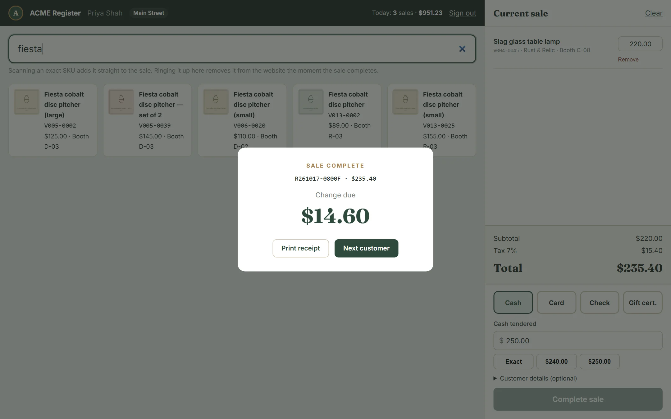 The sale-complete screen showing change due