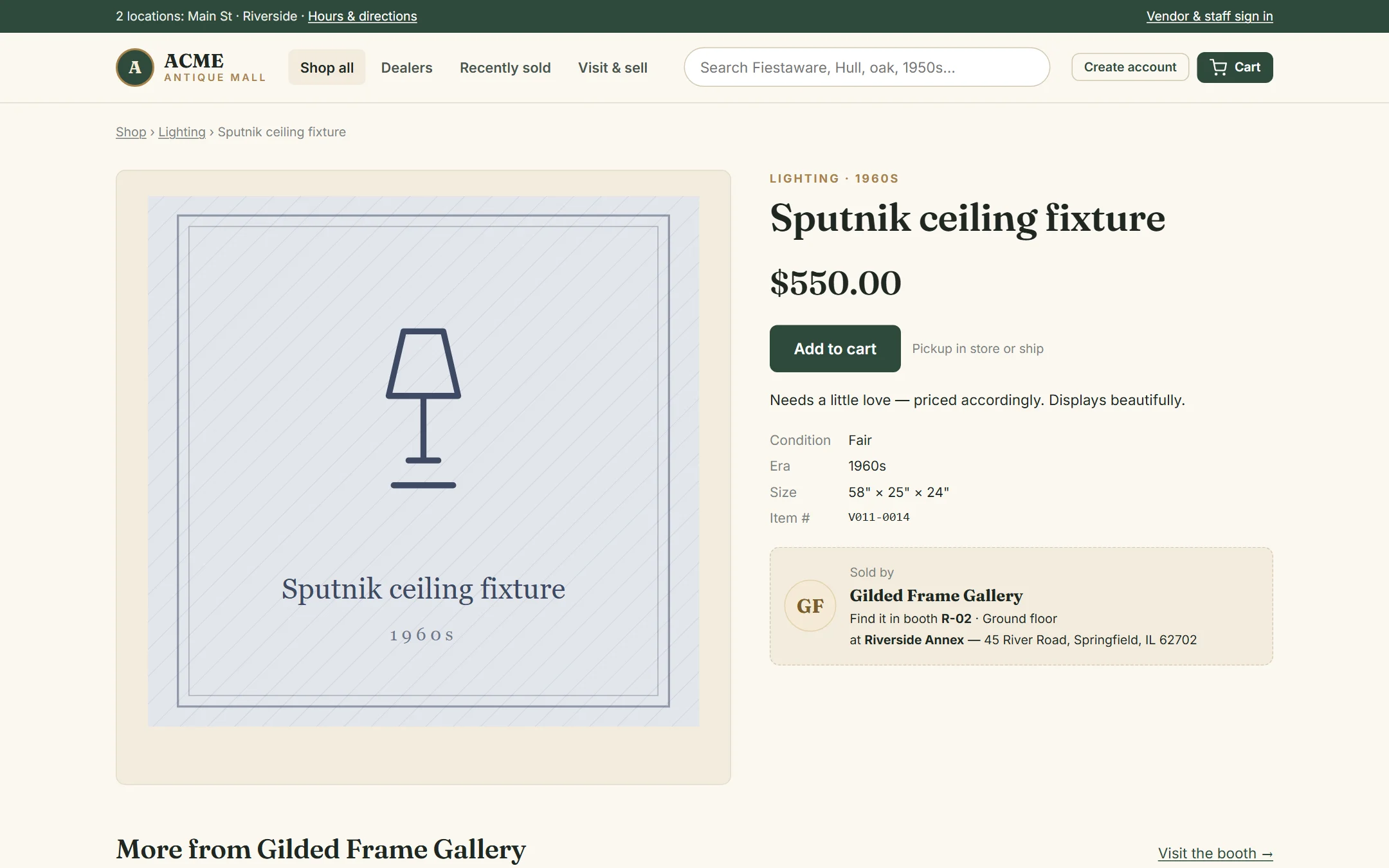 An item page showing price, condition, and the booth it’s in