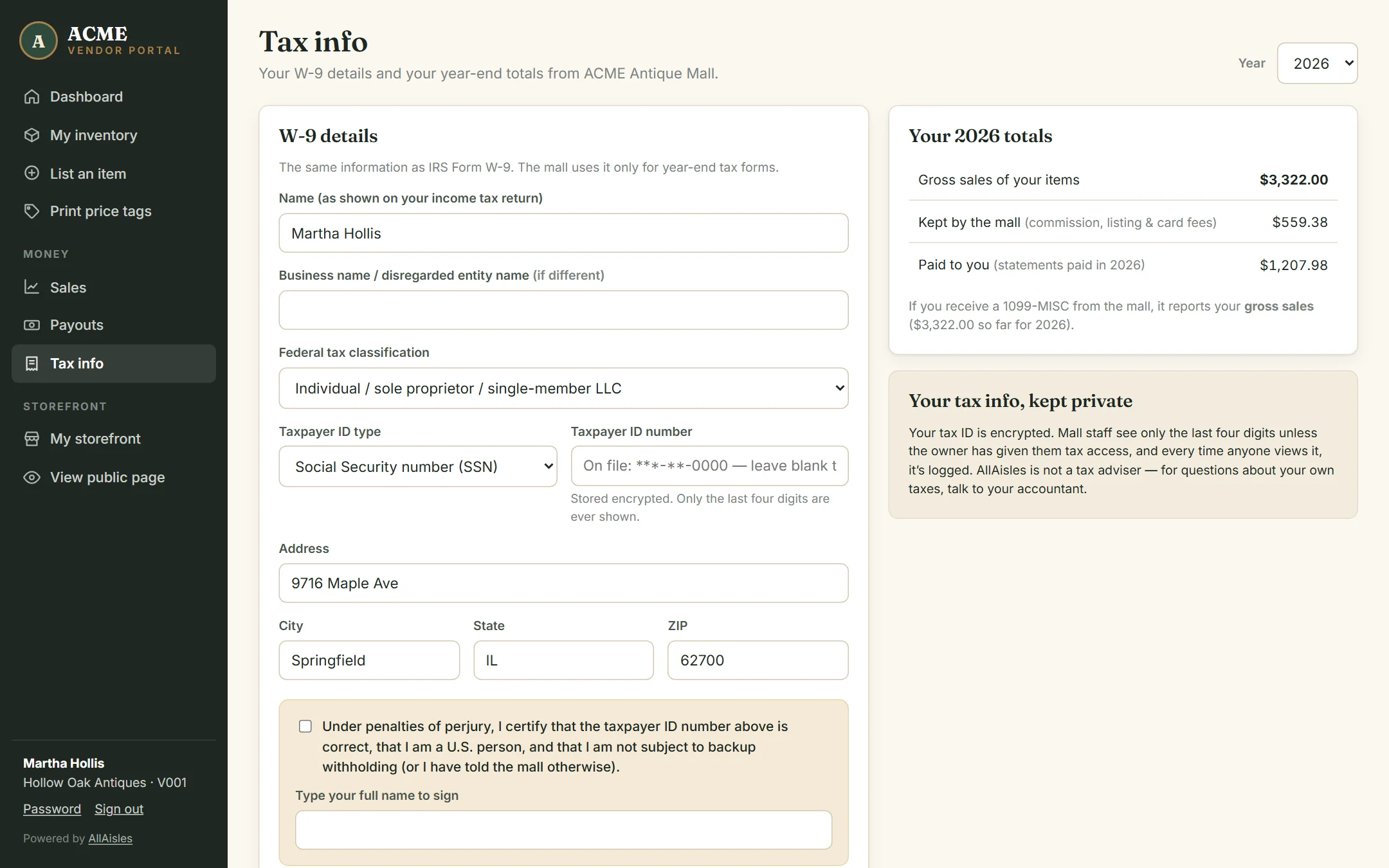 A dealer’s tax info page with W-9 form and yearly totals